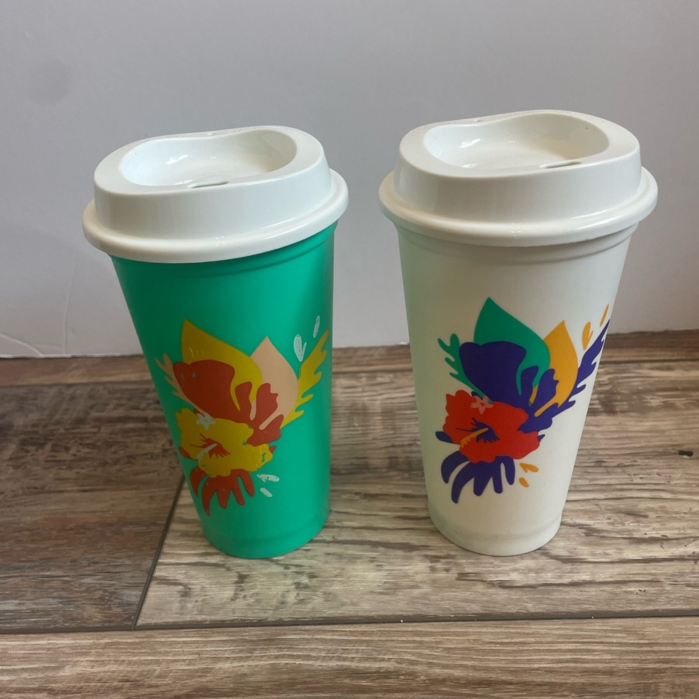 Starbucks 2 Pack Tropical Flower Travel Mugs - Green and White
